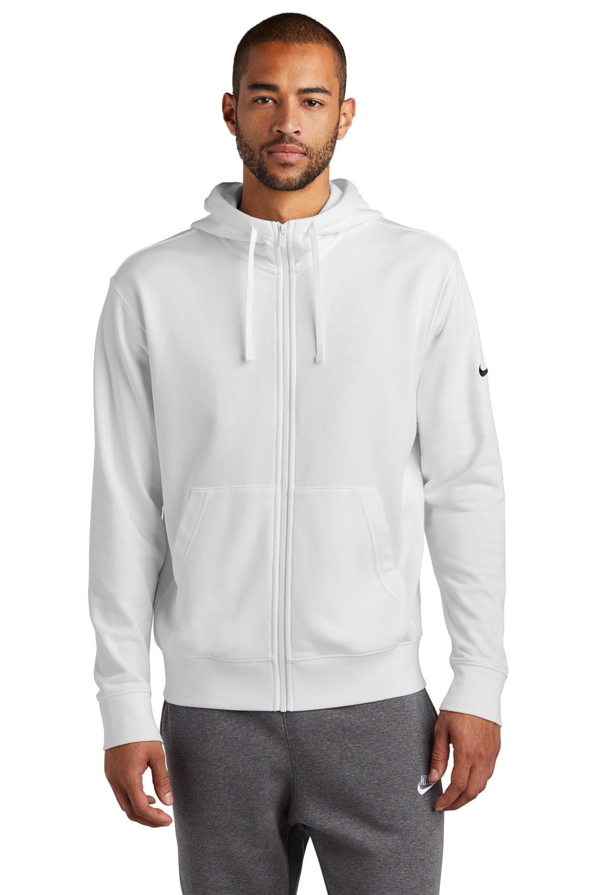 Custom Embroidered Nike Swoosh Full-Zip Hoodie in White with Fleece Sleeves