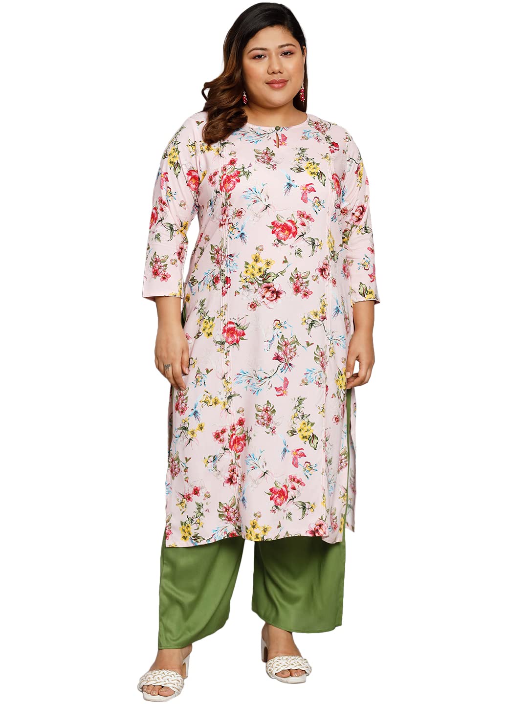 TissuWomen's Plus Size Pink & Red Floral Printed Kurta with Palazzo