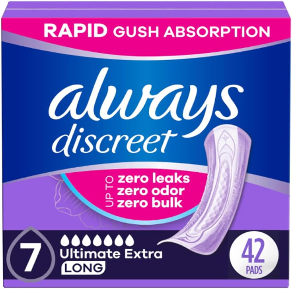 Always Discreet Adult Incontinence Pads for Women, Ultimate Extra Absorbency, Long Length, Postpartum Pads, 42 Count 7-drop 42