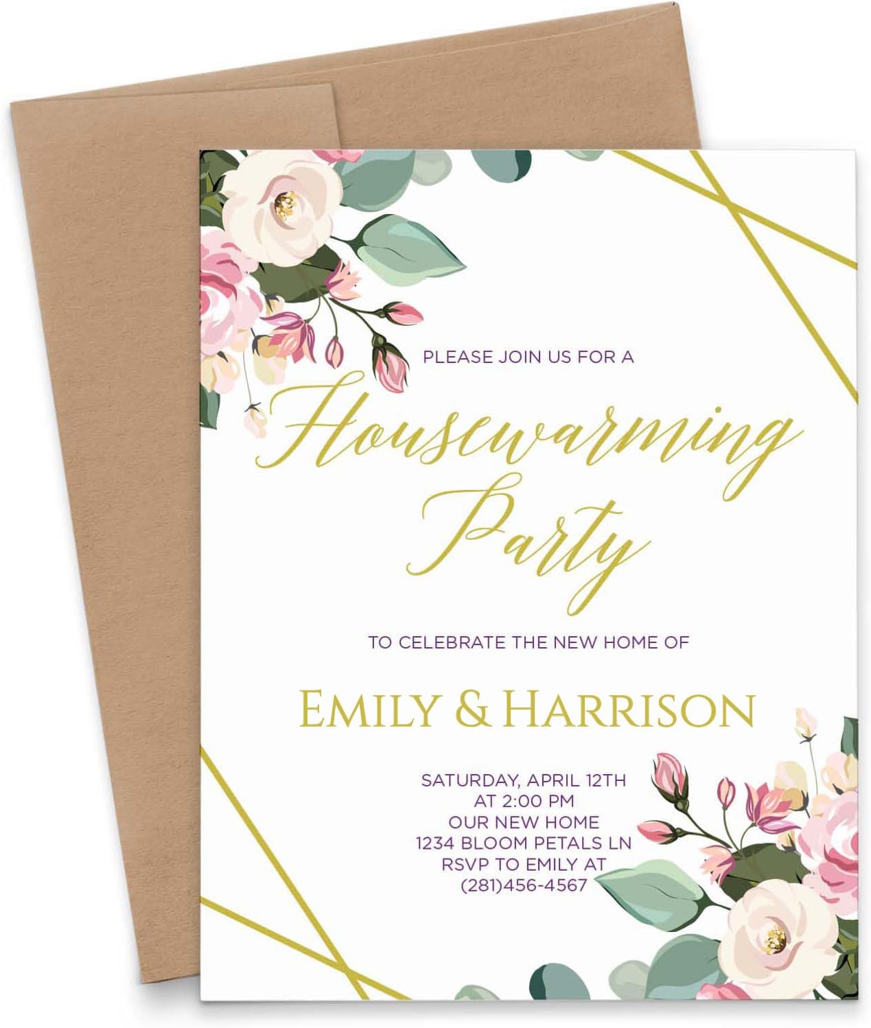 Watercolor Floral Housewarming Party Invitations with Envelopes, Rustic Housewarming Party Invites Personalized, Your choice of Quantity and Envelope Color