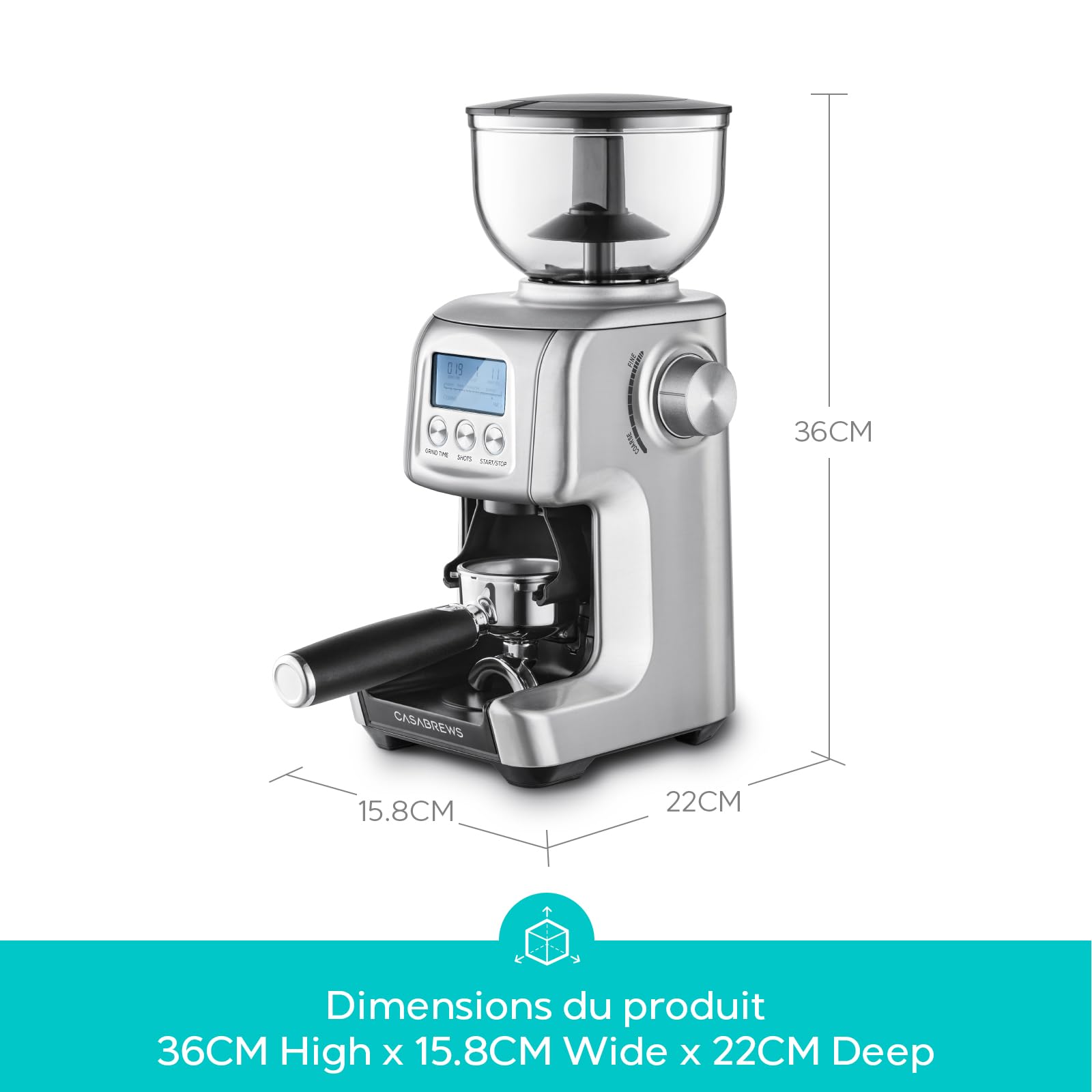 CASABREWS Moulin à café électrique, Broyeur Cafe Grain avec 77 Réglages de Mouture Précise, Moulin café Avec RéGlage De La Tasse Et De L'Heure, Du Porte-Filtre, écran LCD, 400g
