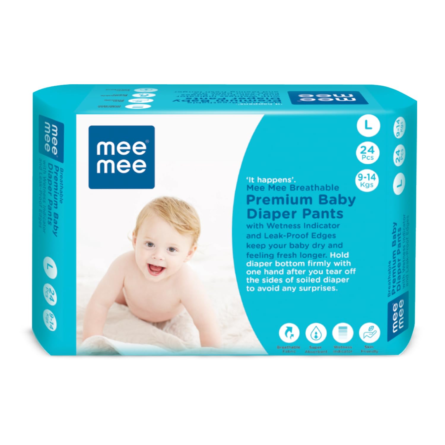 Mee Mee Premium Breathable Baby Large Taped Diapers 24 Pcs For 9-14 Kgs| Fast Absorbing with Wetness Indicator|Cotton Soft, Double Layer Leakage Protection with Anti-Rash Shield, Upto 12 Hrs