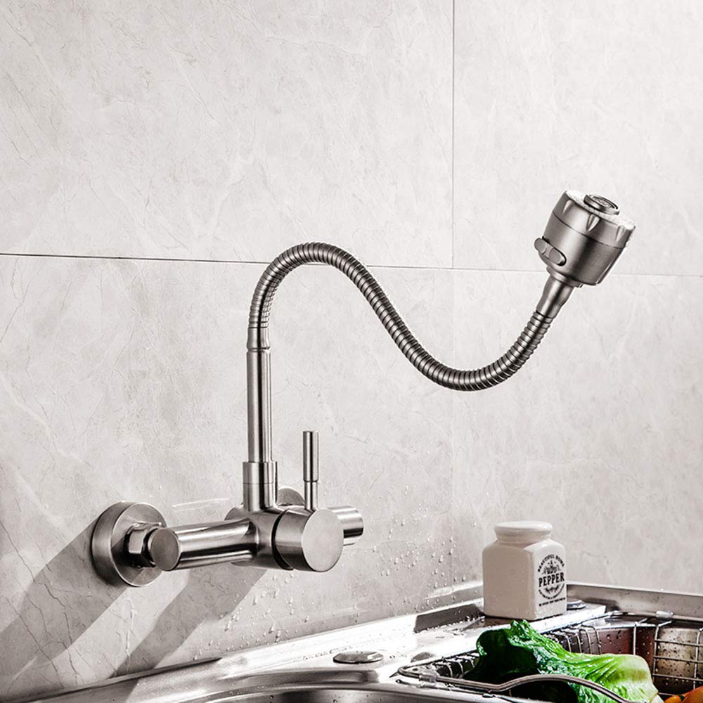 HomeLava Grifo de Cocina Montaje en Pared Grifo Flexible de 2 Funciones Pulverizador Rotación de 360 ° Grifo Cepillado Grifo Cocina Fregadero Acero Inoxidable 304