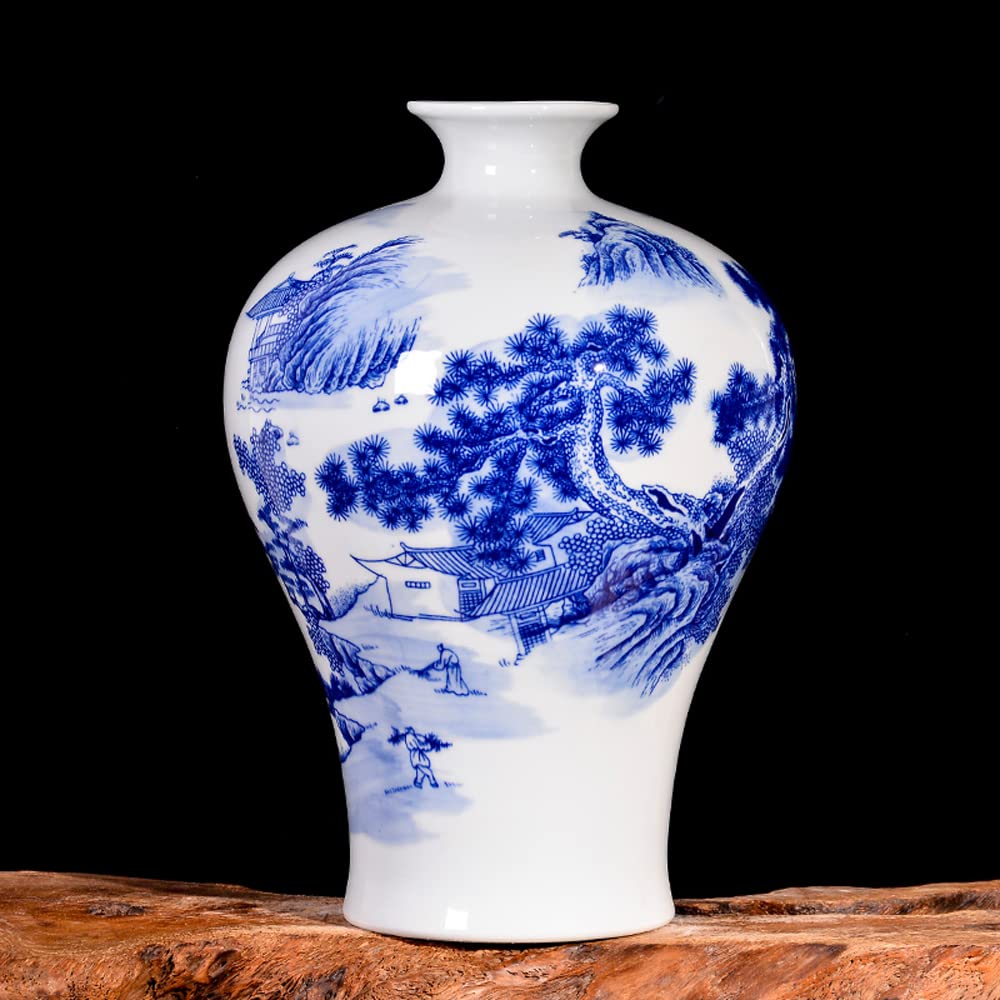 asdchZen Chinoiserie Jingdezhen Porcelain Vases Blue And White Porcelain Landscape Modern Home Living Room Porch Simple Ornaments Decorative Crafts,C