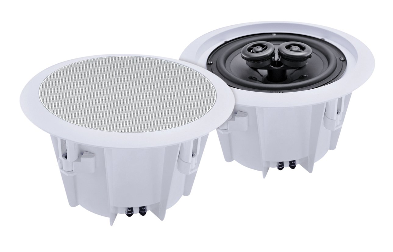 Two E-Audio B412A 6.5-inch 2-Way White Ceiling Speakers, one with its grille on and one with the grille removed, showing the woofer and dual tweeters.