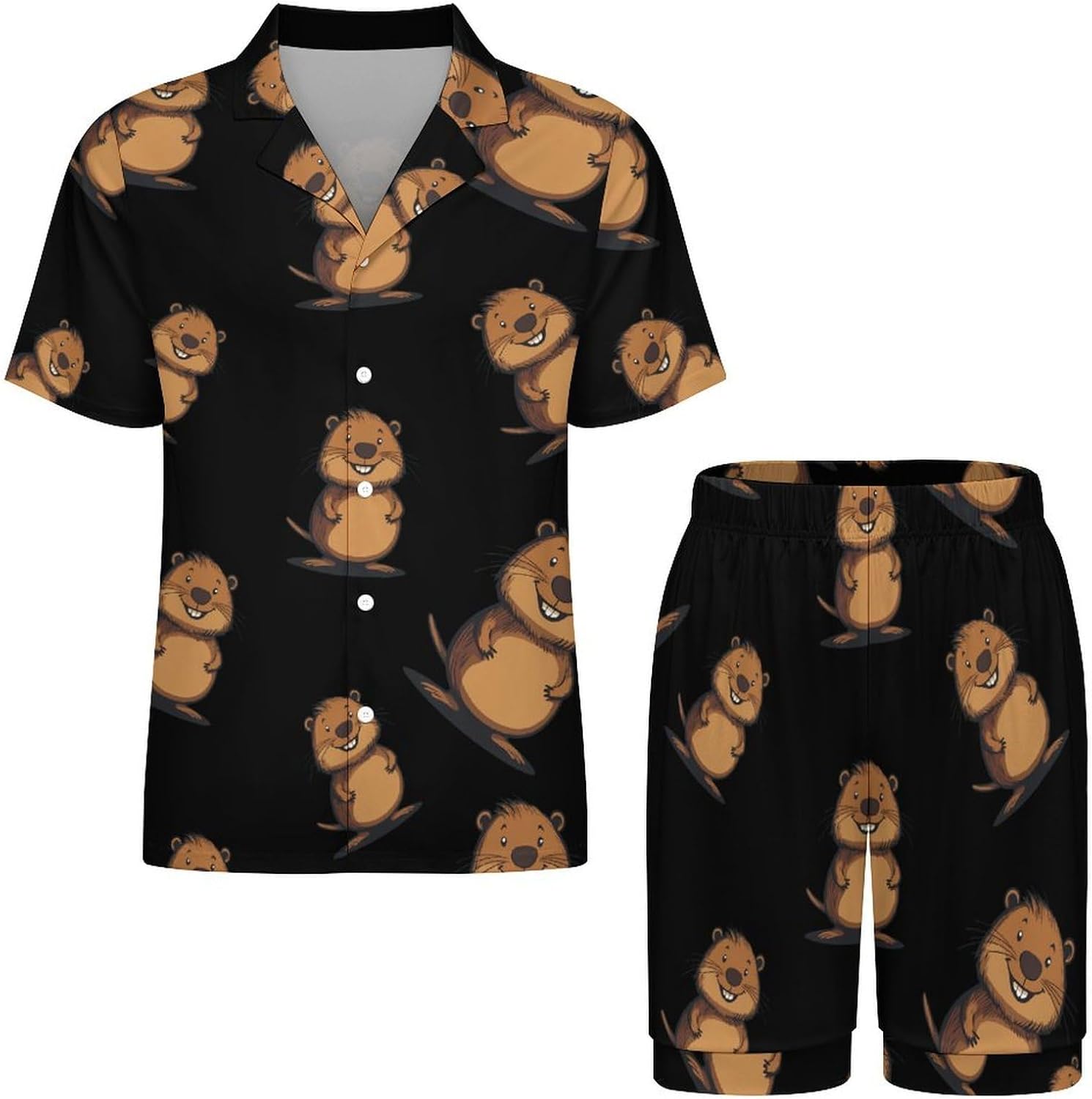 Cartoon Beaver Men's Short Sleeve Pajama Set Satin Silk Like Lounge Sleepwear