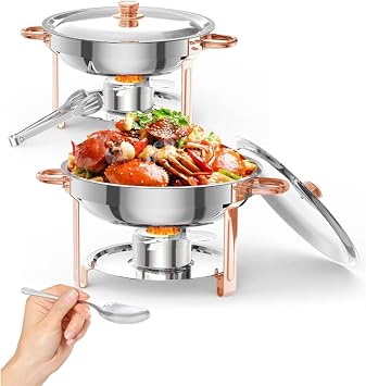 5QT Chafing Dishes Buffet Set, 2 Pack NSF Round Stainless Steel Chafers and Complete Warmers Food Servers Sets for Home Parties, with Lid & Lid Holder, Spoon & Tweezer for Catering Events