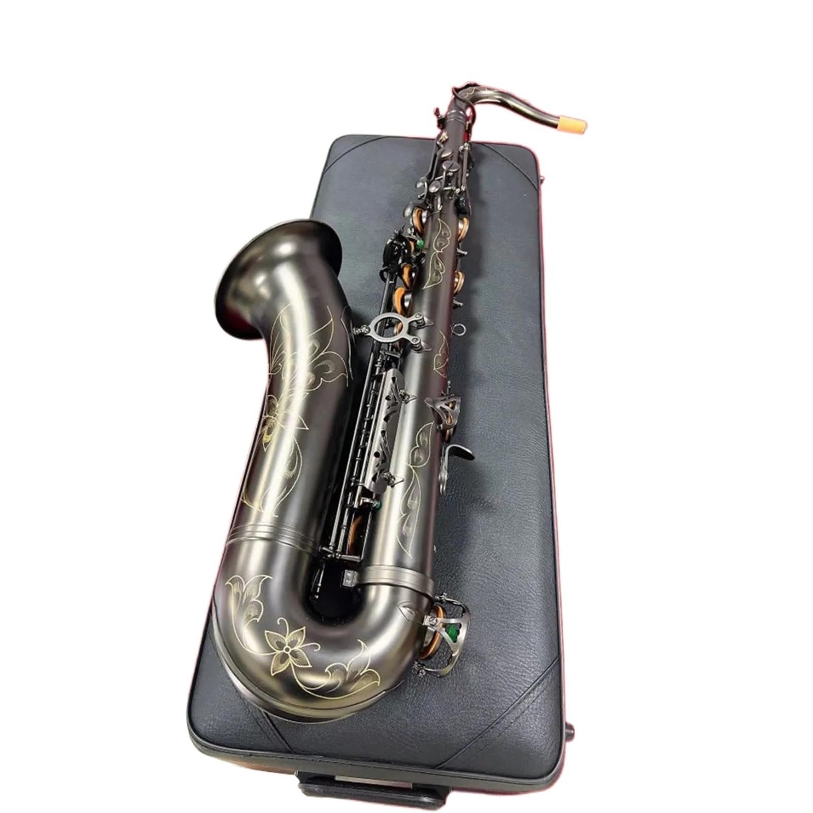 Saxofón Saxofón tenor profesional en tono B, color negro mate, artesanía, saxofón tenor bellamente tallado (Color : Leather bag)