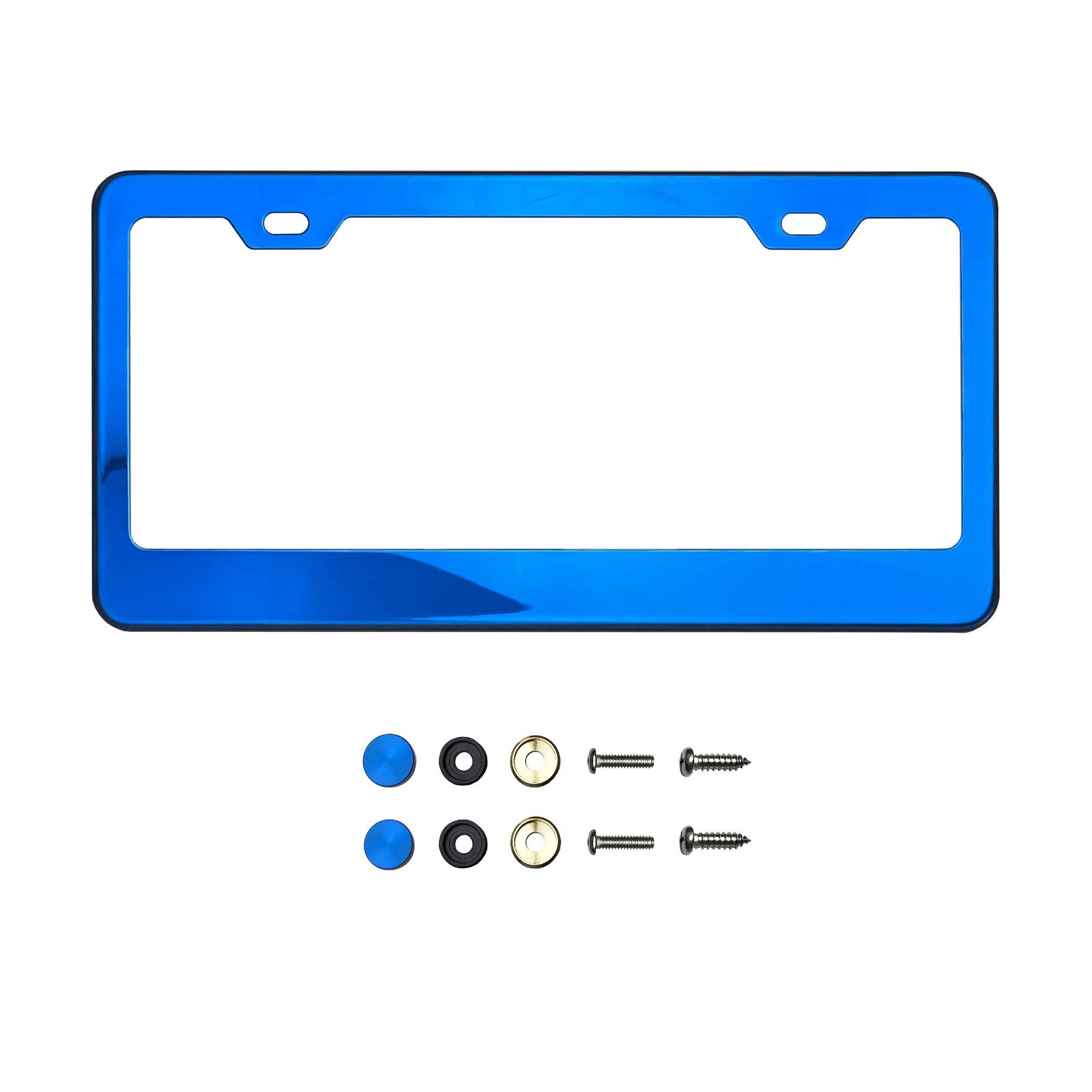 KA DepotBlue Chrome Mirror License Plate Frame T304 Stainless Steel + Metal Screw Caps