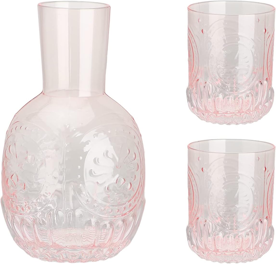 Bedside Water Carafe and Glass Set, 44oz Crystal Nightstand Water Carafe with 2 Tumbler Glass Cup, Glass Juice Mouthwash Bottle for Storing Water, Juice and Other Drinks(White)