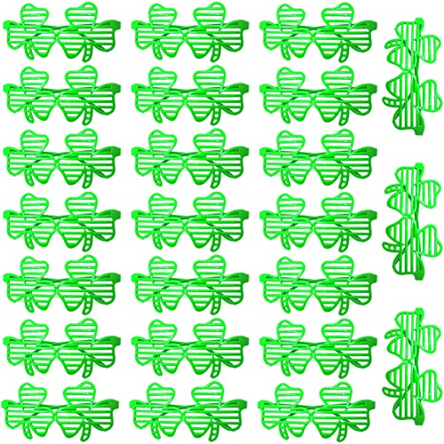 CAMIRUS 24 PCS St. Patricks Day Shamrock Glasses, Green Plastic Shutter Glasses Four Leaf Clover Eyeglasses for St. Patrick's Day Costume Party, Irish Photo Props, St Pattys Party Supplies Decor