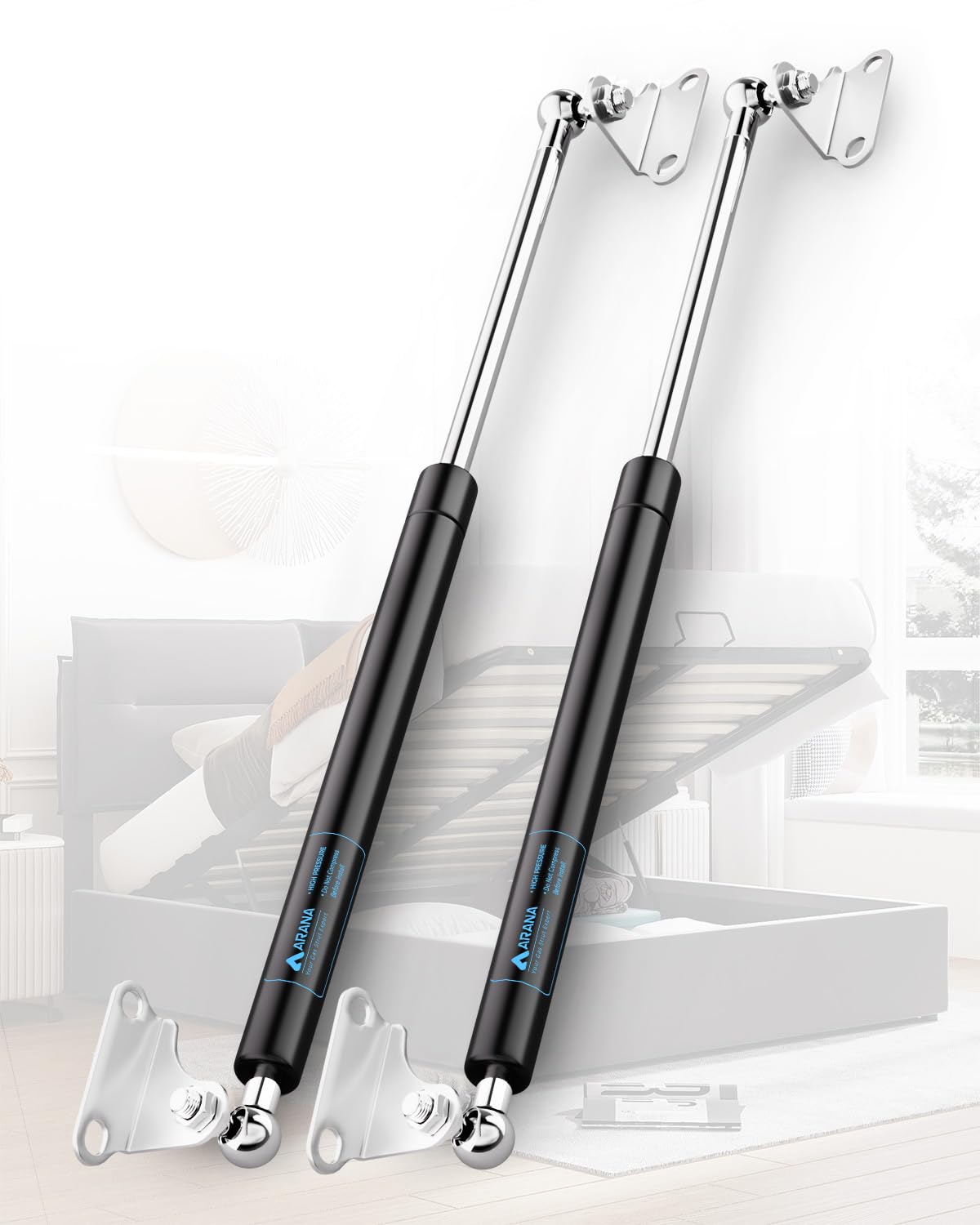 ARANA 23 inch 150 lbs Gas Struts with Brackets, 150 Pound Bed Lift Support Shocks, Gas Spring Prop for Heavy Duty Murphy Bed Tonneau Cover Trap Door Bed (Super Strong for 135-165lbs Lids)