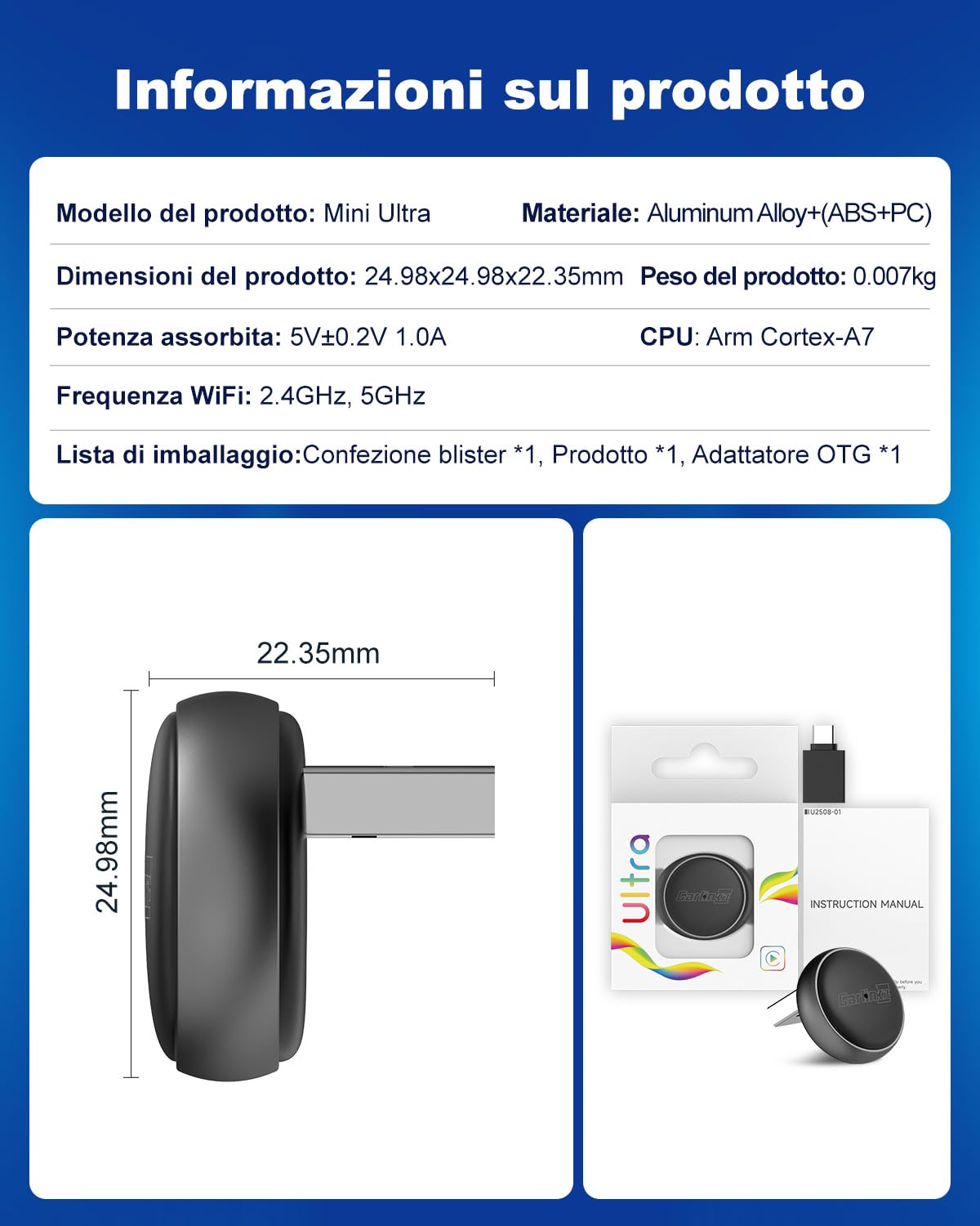 Carlinkit Adattatore wireless per auto CarPlay e Android, mini ultra 3 converte OEM cablato a wireless per iPhone e Android 11+, USB-A/Type-C Plug & Play, connessione veloce, aggiornamento online