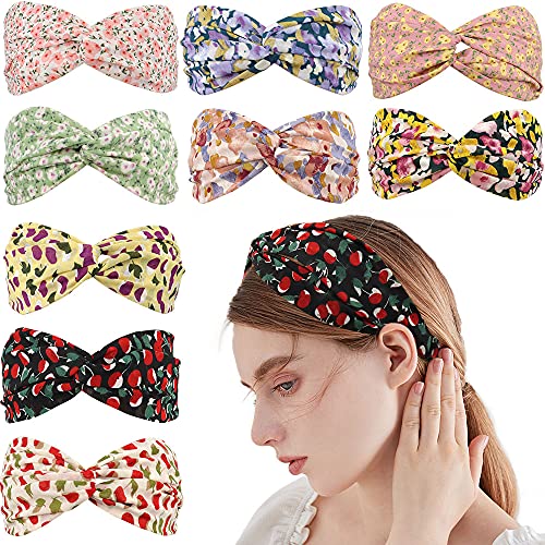 NAIHOD Top Knot Headbands for Women Girls Fashion Headbands Knotted Headbands Nonslip Elastic Floral Chiffon Hairbands Turban Headwrap for Makeup Bath Yoga 9 Pieces