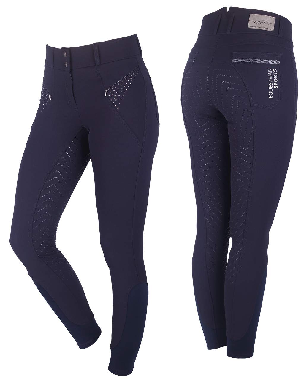 Pantalon d'équitation QHP Lott bleu marine stretch taille haute
