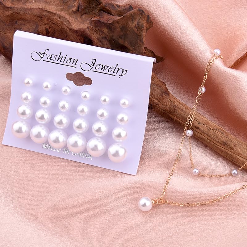 Image of Pearl Earring Stud Pearl Necklace Choker for Bride Wedding Earring Necklace
