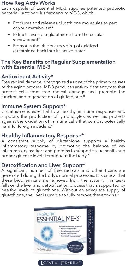 Reg'Activ Essential ME-3, 30 Capsules. A Glutathione-producing Probiotic That Delivers Glutathione to The Intestine for Efficient Guthatione Supplementation