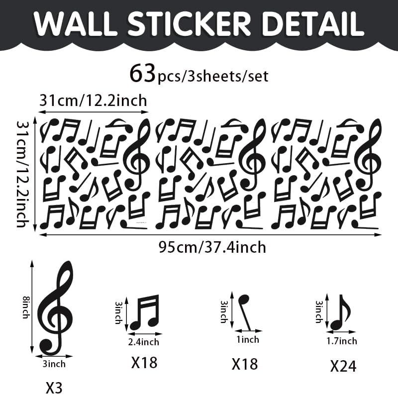 Miniatura 6 de Notas musicales Adhesivos de pared, despegar y pegar, notas musicales extraíbles para decoración de pared para aula, sala de estar, sala de música,