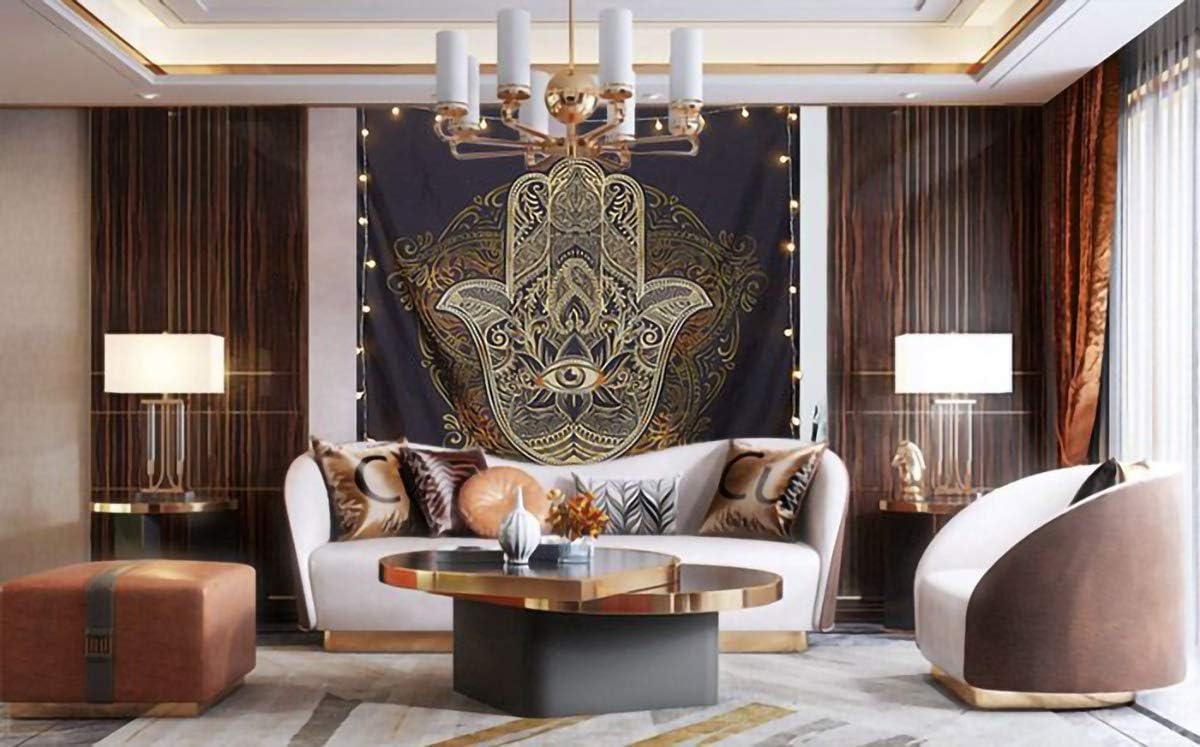 QCWN Spiritual Tapestry,Psychedelic Trippy Tapestry Black Gold Hamsa Hand Tapestry Mandala Medallion Bohemian Tapestry Evil Eye Hamsa Hand Blessing Home Good Luck Wall Tapestry for Bedroom Aesthetic