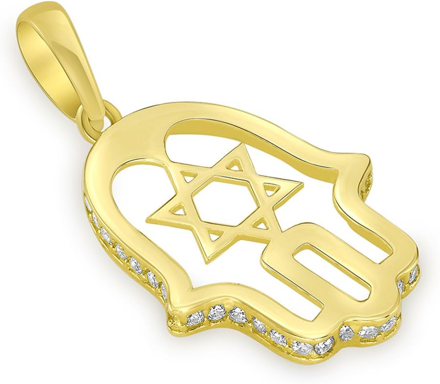 Jewelry America 14K Yellow Gold CZ Hamsa Hand of God with Star of David Pendant Necklace - Image 4