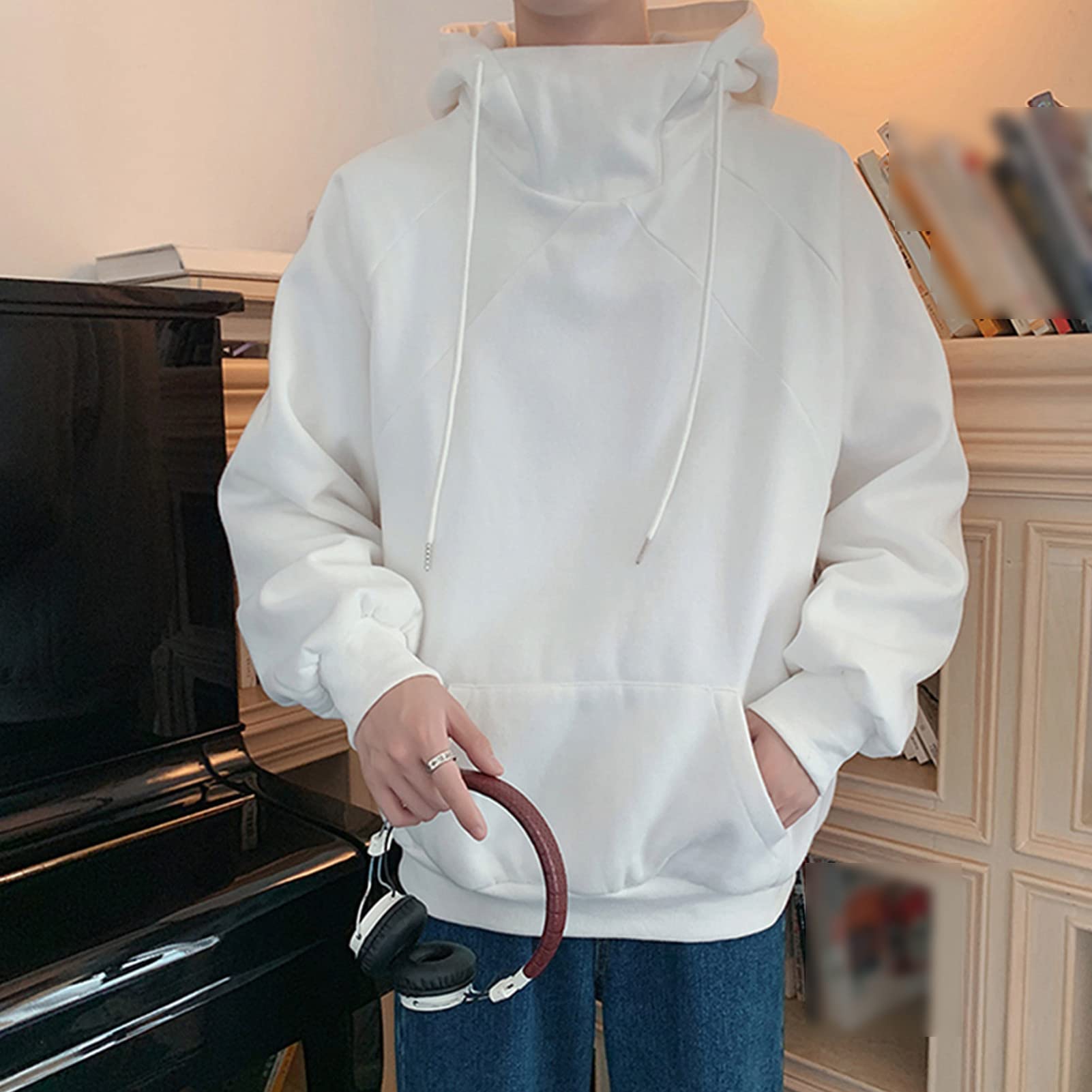 Maiyifu-GJ Men's Solid Turtleneck Athletic Hoodies Casual Hip Hop Loose Fit Hooded Sweatshirt Long Sleeve Pullover Hoodies (White,4X-Large)