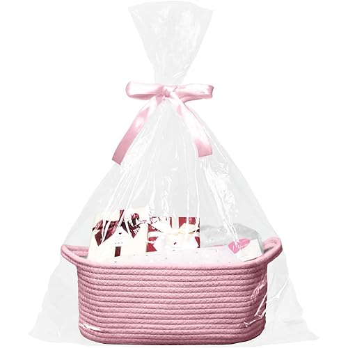 Poschnor Mother's Day Gift Basket Empty, Small Woven Rope Basket with Gift Bags and Ribbons, 12"x 8" x 5" Basket for Gifts, Storage Basket for Baby and Pet Toys, Decorative Basket - Pink