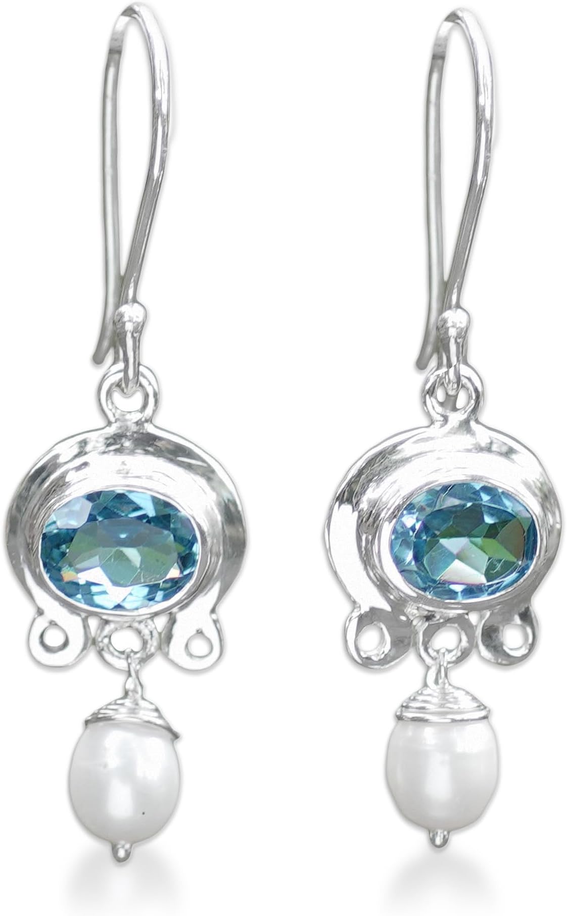 Artisan Handcrafted Cultured Freshwater Pearl Blue Topaz Dangle Earrings | Pearl Silver Sterling Sky Fantasy Dangle Earrings | Gemstone Birthstone Themed Earrings Topaz Wedding Bridal Earrings