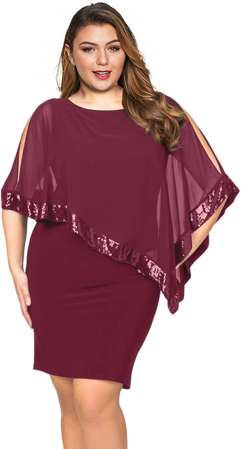 LALAGEN Womens Sequins Cape Overlay Plus Size Bodycon Party Cocktail Pencil Dress 1X-4X