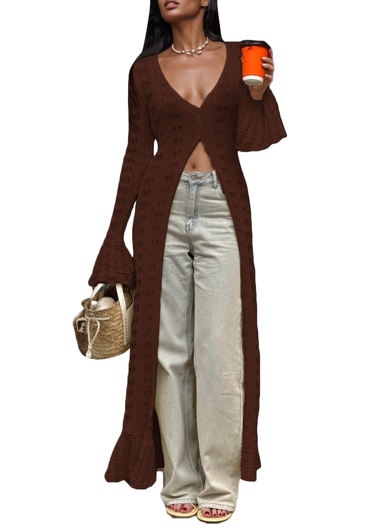 Unybwonn Long Cardigans for Women Crochet Hollow Out Knit Sweater Cover up Maxi Dress Long Sleeve Button Down Cardigan