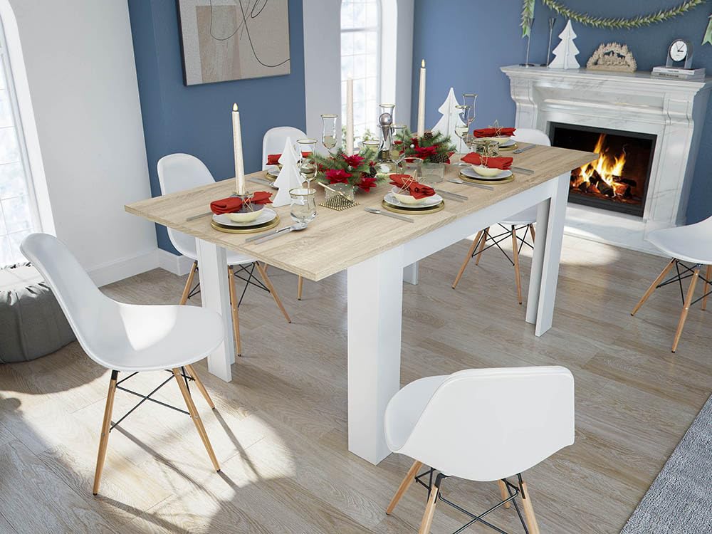 Loungitude - Rozsuwany stół do jadalni L140/190 cm - biały/dąb