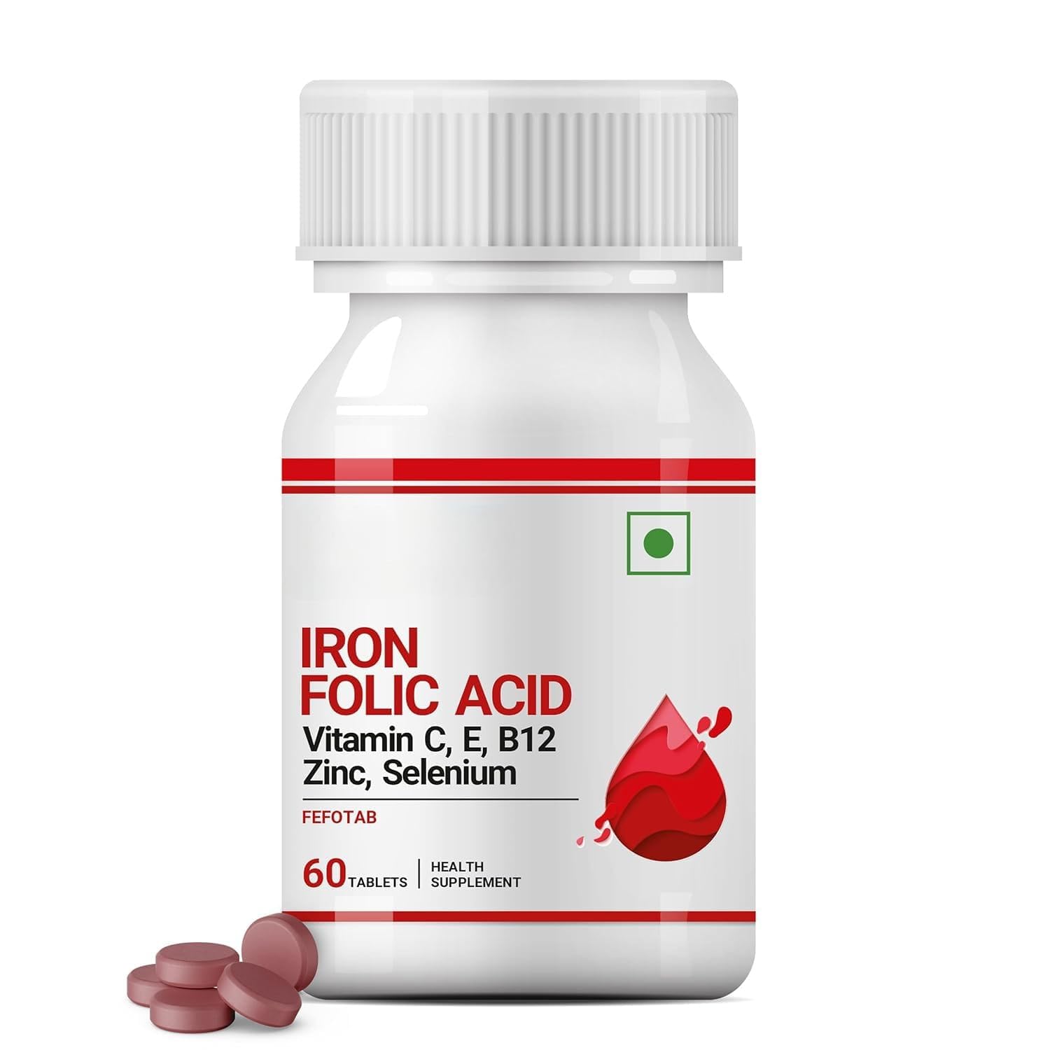Iron Folic Acid Supplement with Vitamin C, E, B12, Zinc & Selenium for Men Women - 60 Tablets