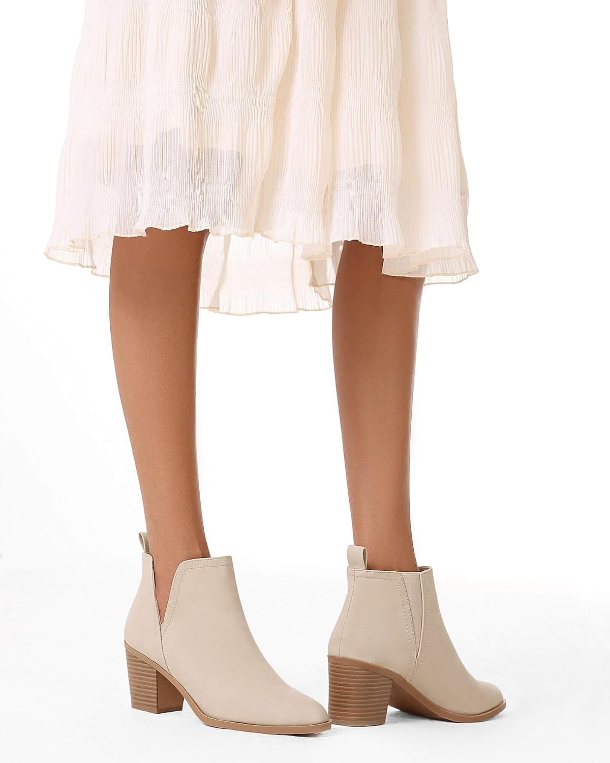 Coutgo Womens Cut Out Ankle Boots Chunky Stacked Heel Almond Toe Slip on Western Booties