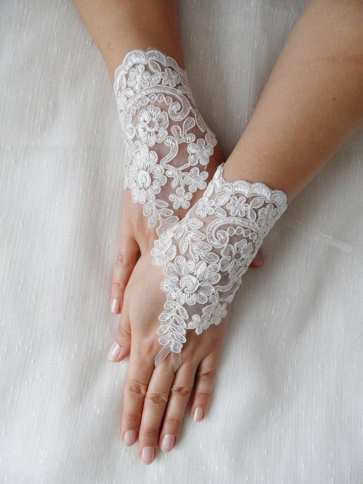 Unique bridal white gloves Applique, Embroidered Evening Women Gloves () Gl-1-image-11