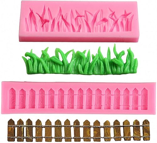 Juego de 2 moldes de silicona para fondant de hierba verde y jardín, molde de pasta de goma de chocolate, herramienta de decoración de bordes de