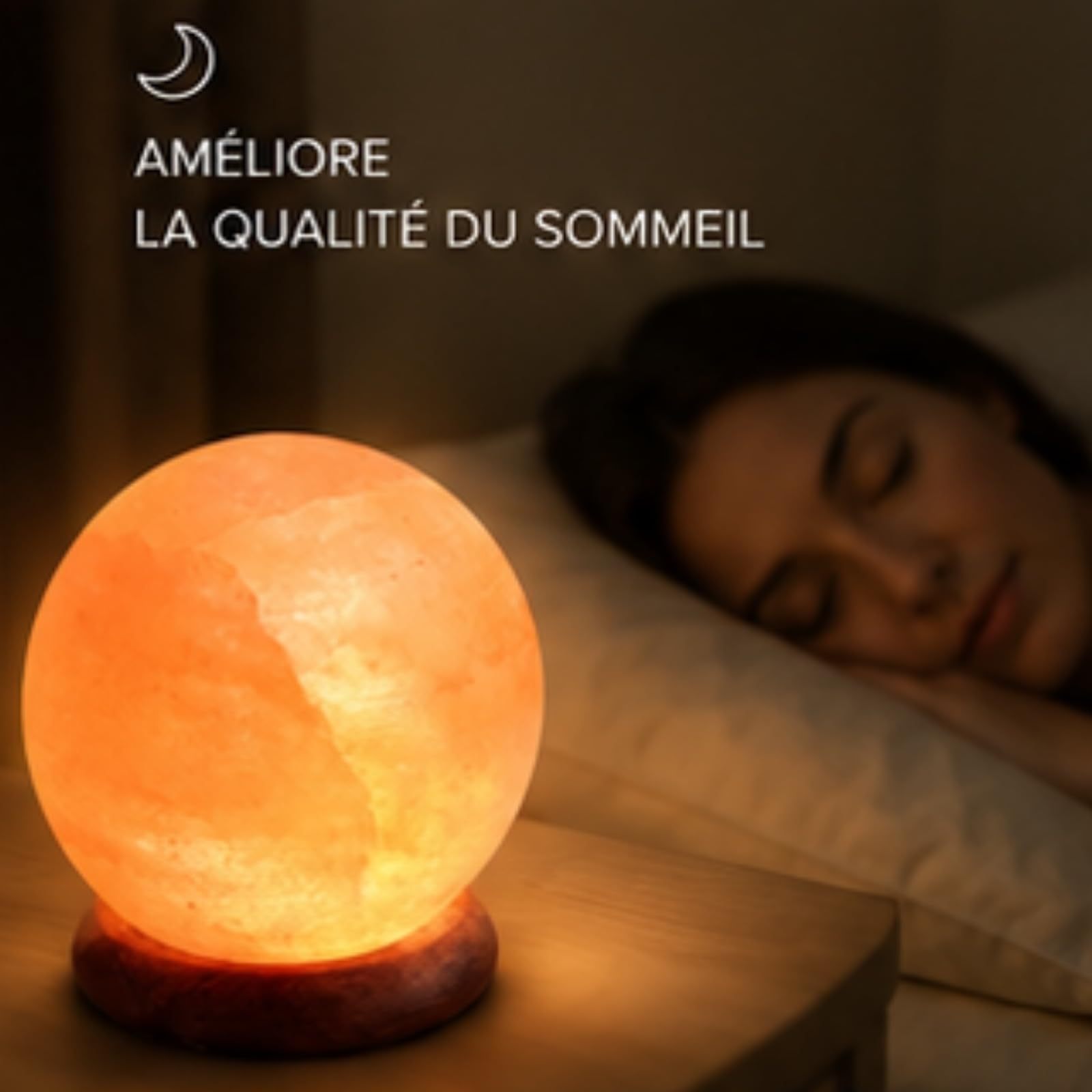 Lampe USB en Cristal de Sel d'Himalaya Naturel Sphère - 100% Authentique - Sculpté à la Main – Base en Bois – Câble Électrique USB Fourni - Environ 500g - Zen’Light, Orange