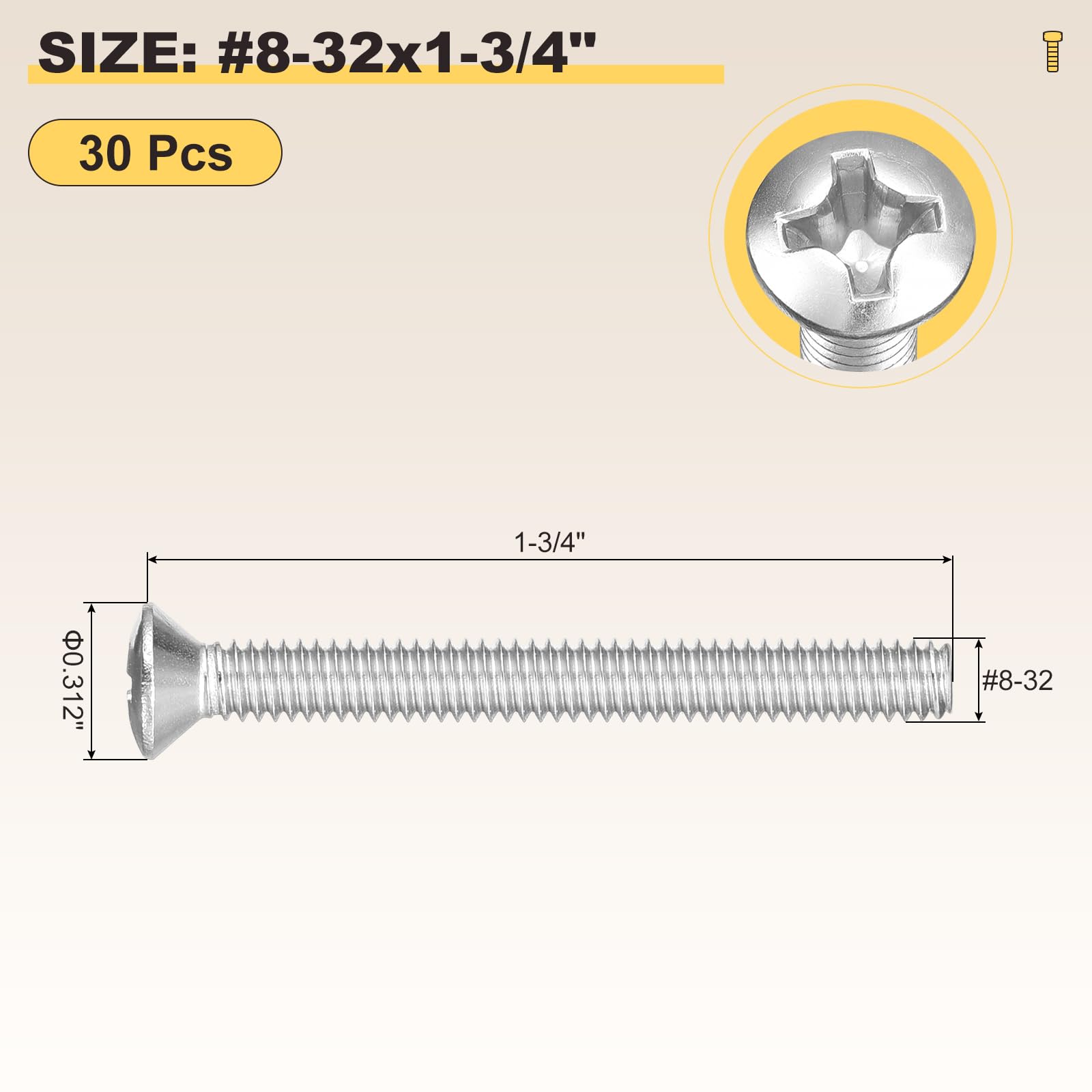 METALLIXITY Phillips Cross Recessed Countersunk Head Screws Bolts (#8-32x1-3/4") 30Pcs - Image 2