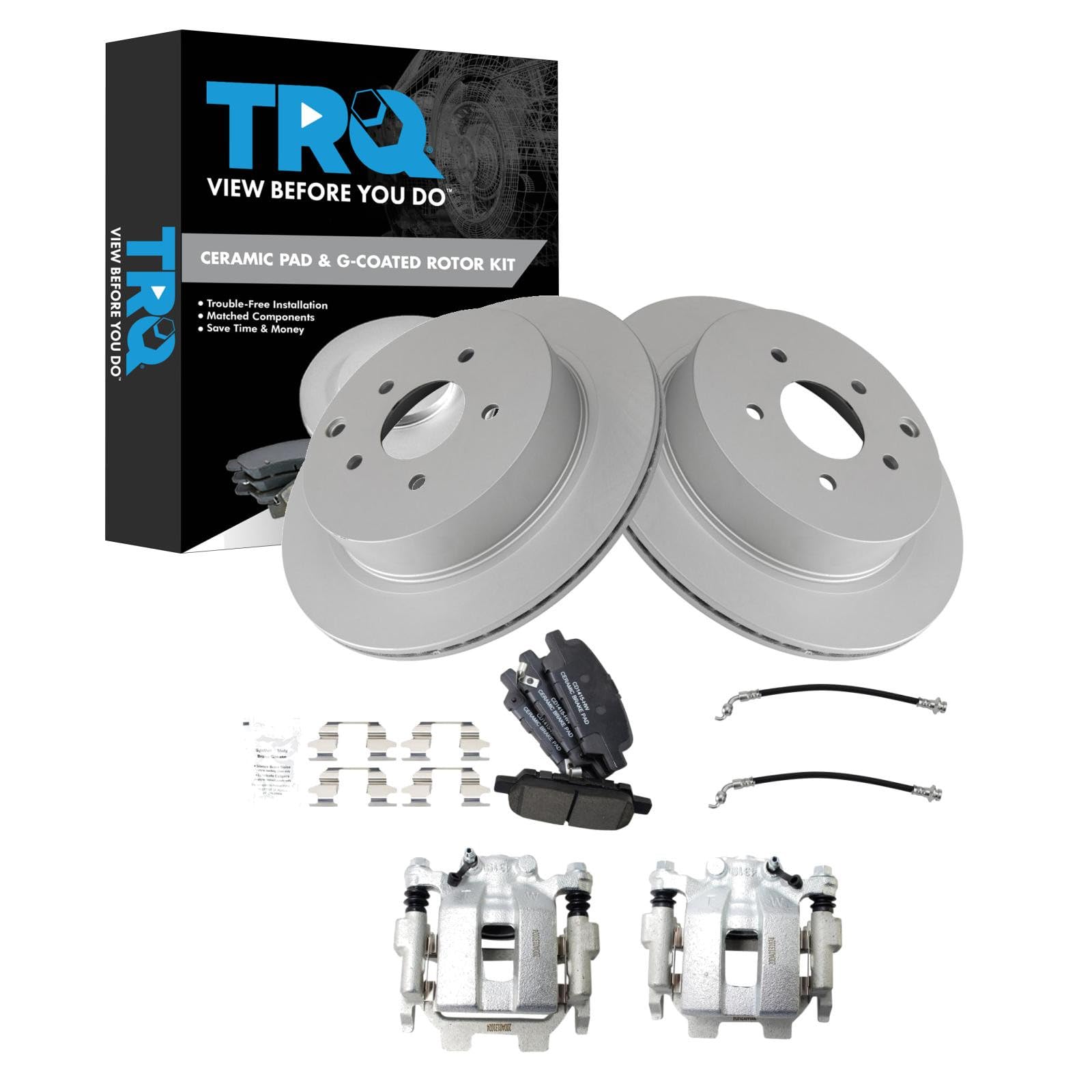 TRQ Rear Brake Pad and Rotor Set Ceramic G Coated Rotors Calipers Compatible with 2013 Infiniti JX35 2014-2017 QX60 2009-2017 Nissan Murano 2013-2017 Pathfinder 2011-2016 Quest