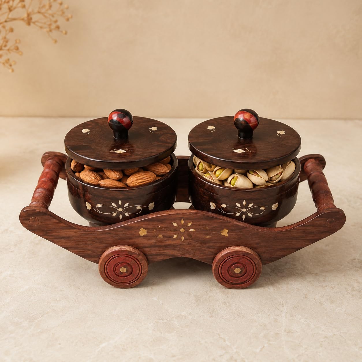 Wooden Dry Fruit Serving Cart with Dual Bowls and Lids Handmade Mukhwas Holder Decorative Snack Serving Tray for Dining Table Kitchen Counter Festive Gift-image-48