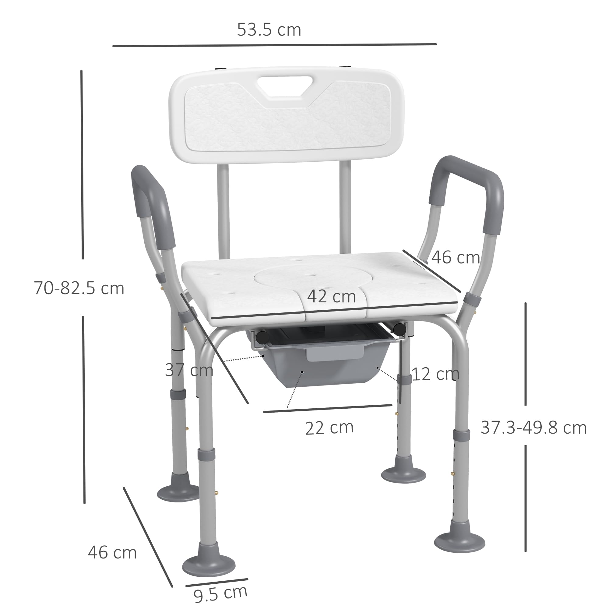 HOMCOM Sedia da Doccia 3 in 1 con Schienale e Braccioli, Sedia Comoda e Sedia WC con Altezza Regolabile e Piedini Antiscivolo, Bianco