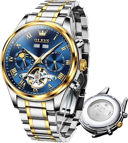 OLEVS Relojes automáticos para hombre, movimiento mecánico, esfera de esqueleto, relojes Tourbillon de cuerda automática, de lujo, impermeables,