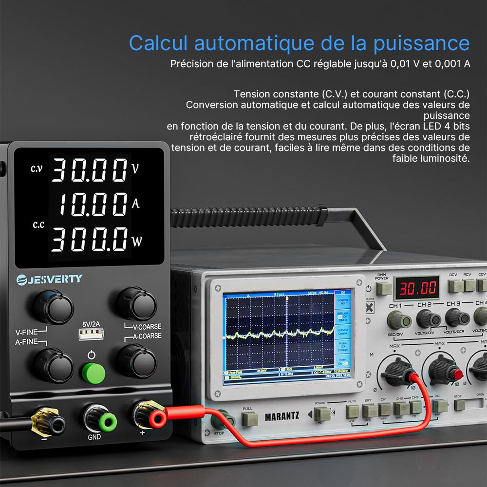 Alimentation DC Variable, 30V 10A Régulable à Commutation Réglable DC Banc Alimentation Linéaire avec Affichage LED à 4 Chiffres de Haute Précision, Port USB 5V/2A, Réglages Grossiers et Fins