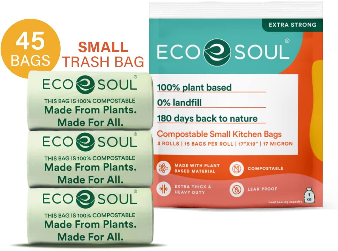 [17 inch x 19 inch, 45 Pack] Small Compostable Trash Bags Eco-friendly Biodegradable Bags for Garbage Bins Heavy Duty & Leak-Resistant Home, Office & Kitchen Use (43 x 48 cm)