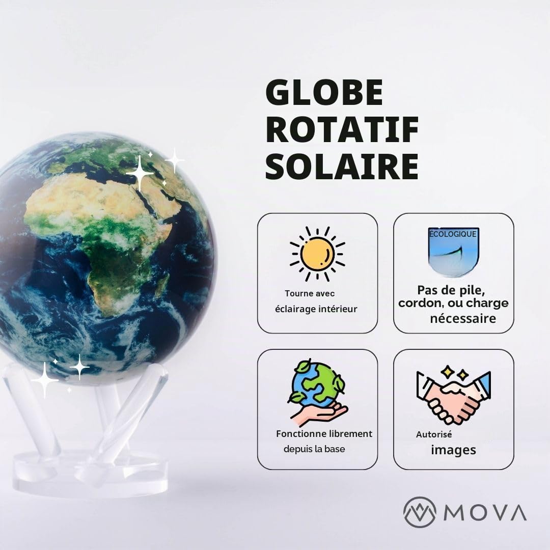 Globe MOVA Terre Noir et Or 15 cm | Globe Rotatif avec Lumière pour Bureau, Maison ou Cadeau | Sans Piles ni Câbles