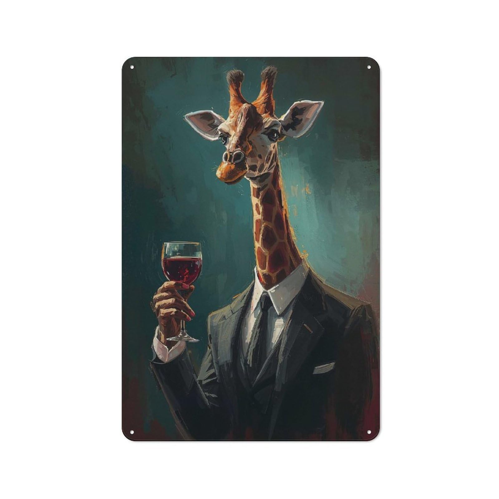 Giraffe in Suit with Wine Farmhouse Metal Sign 30x20cm, Rustic Cottage Wall Art for Cottage, Kitchen, Hallway Or Breakfast Nook