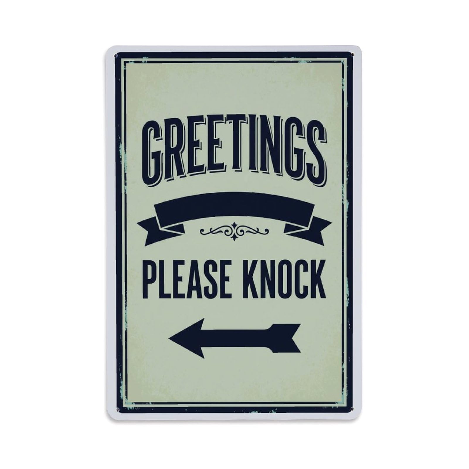 Metal Tin Sign Vintage Greetings Please Knock Arrow Ribbon
