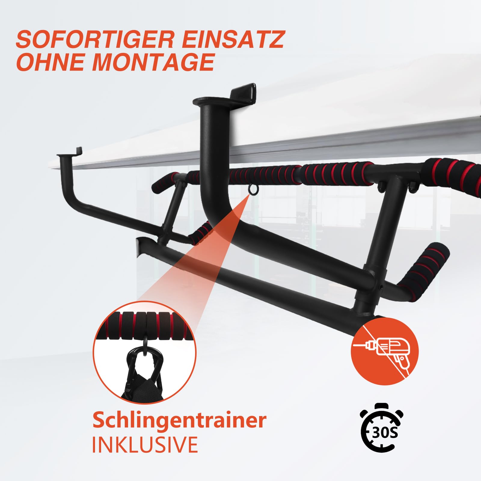 DH FitLife Klimmzugstange Türrahmen ohne Schrauben | Pull up bar Doorway | Reckstange Turnstange Türreck zum Einhängen | inkl. Schlingentrainer | Für Türrahmen 70-92cm