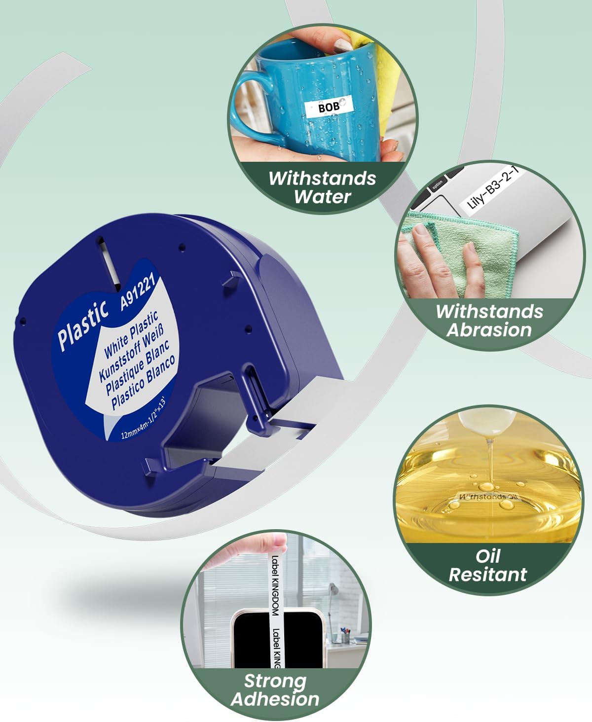 Compatible with Dymo Label Maker Refills Tape, 12 mm x 4 m (1/2" x 13'), Compatible with Dymo Letratag Refills Plastic Tape for 200B LT-100H 100T Plus, 5-Pack, Black on White/Yellow/Red/Blue/Green - Image 4