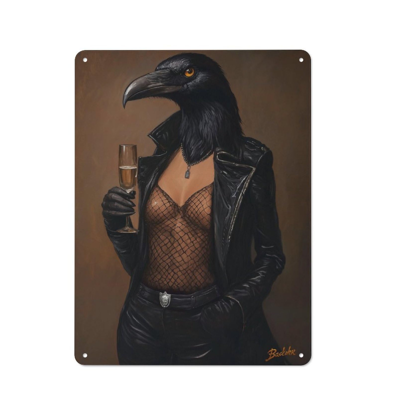 Tin Wall Plaque 40x30cm with Raven Woman in Leather for Kitchen Or Home Bar, for Metal Sign Collectors, for Cafés, Pubs And Restaurants