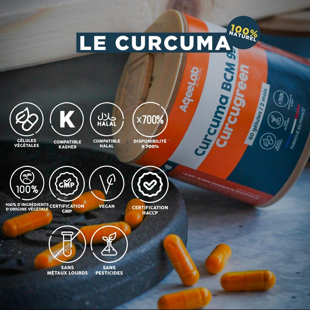 Curcuma ultra dosé - Qualité maximale : BCM95® Curcugreen® - Digestion & Articulation - Meilleure biodisponibilité : x700% - 2 mois - Testé en laboratoire - Made in FR - Ecoresponsable - Aqeelab