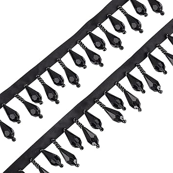 OLYCRAFT 3 Yards Black Beaded Fringe Trim Decorative Beaded Trim Teardrop Fringe Trims Polyester Bead Tassel Trims for Wedding Bridal DIY Sewing Crafts Home Decor Clothing Decoration